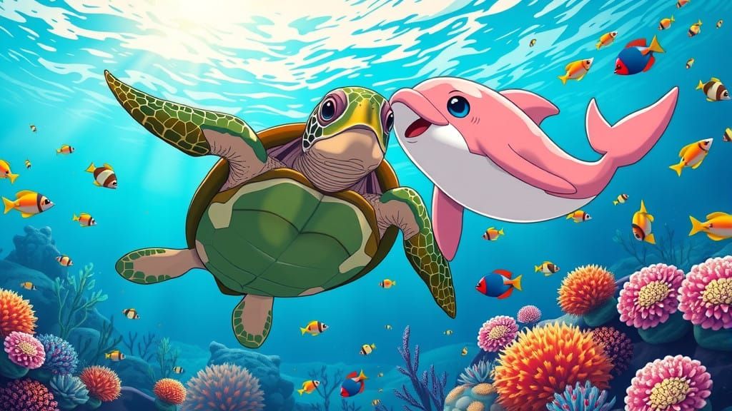 Vibrant Sea Creatures in an Underwater Anime World