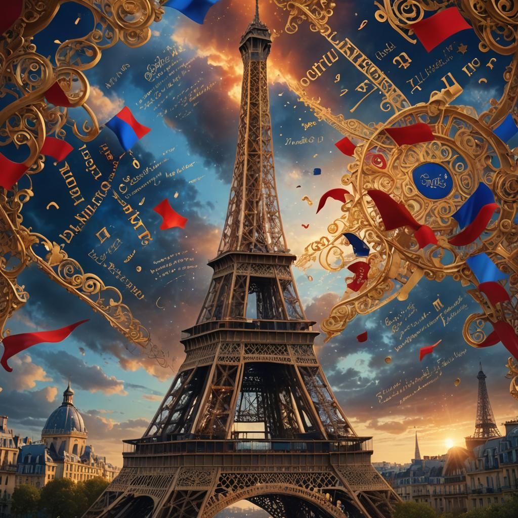 Eiffel Tower Surrounded by French Script: Matte Painting