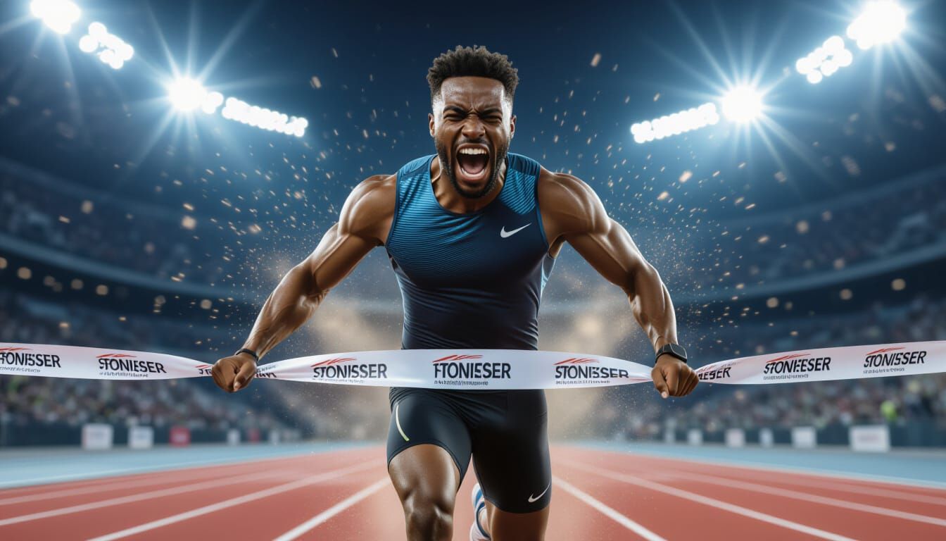 Athlete Bursts Through Finish Line at Night