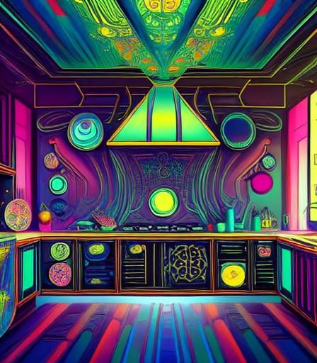 Futuristic Maximalist Kitchen Interior in Digital Art