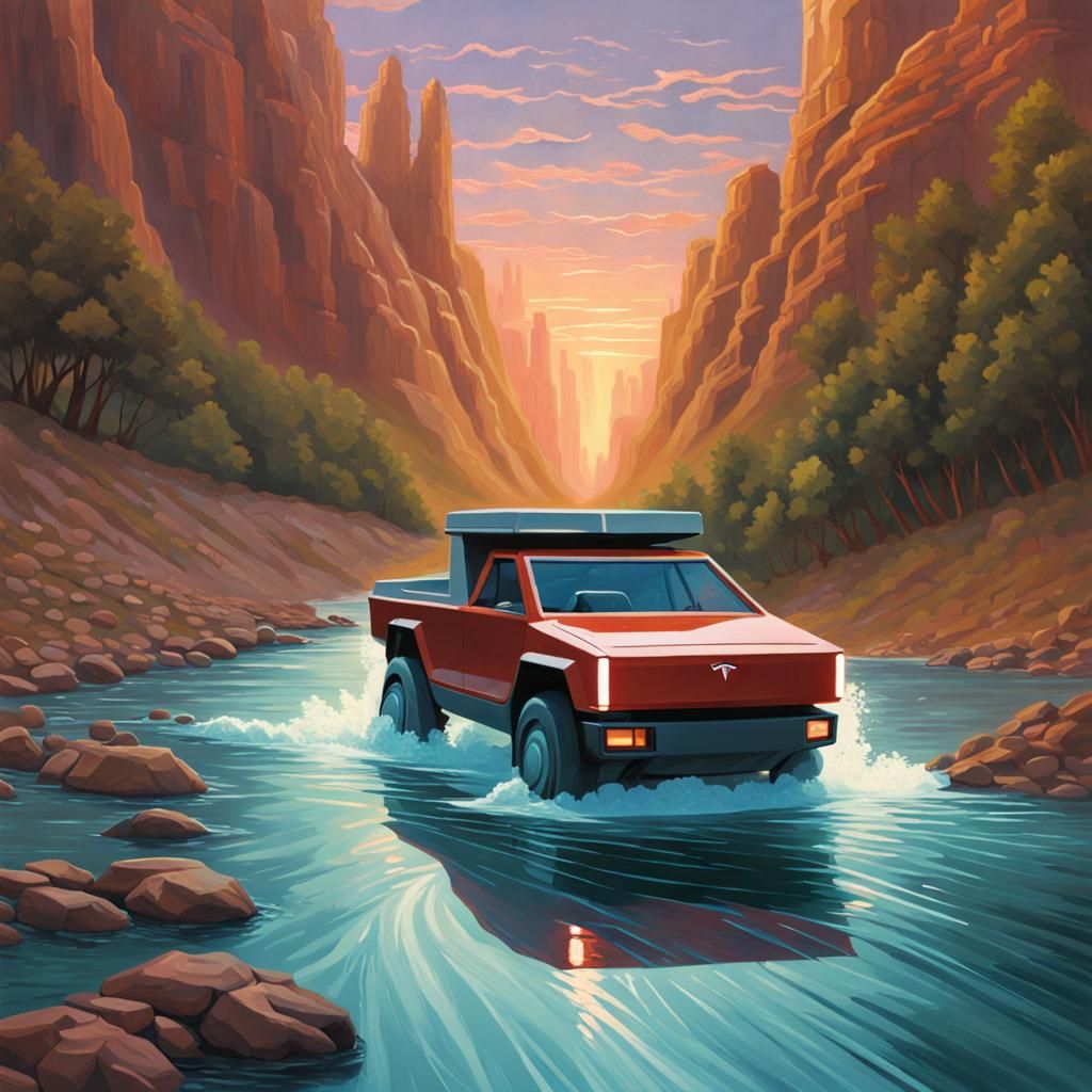 Tesla Cybertruck River Crossing: Retrofuturist Comic Art