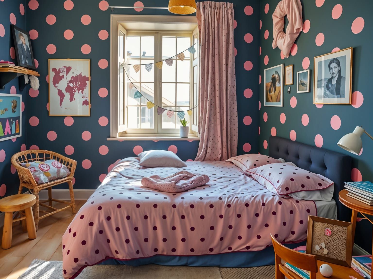 Black and Pink Polka Dot Bedroom Interior
