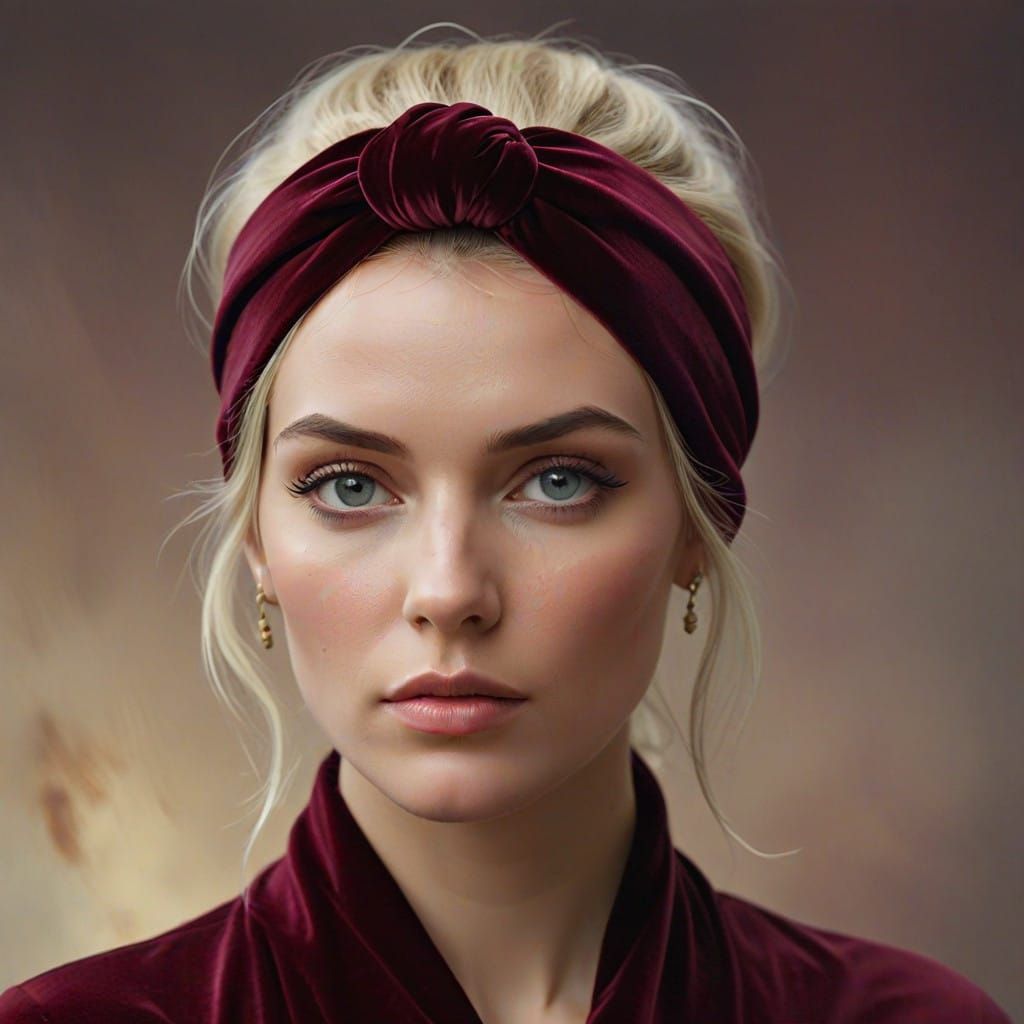 Enigmatic Blonde Woman in Velvet Turban, Dreamlike Mystery