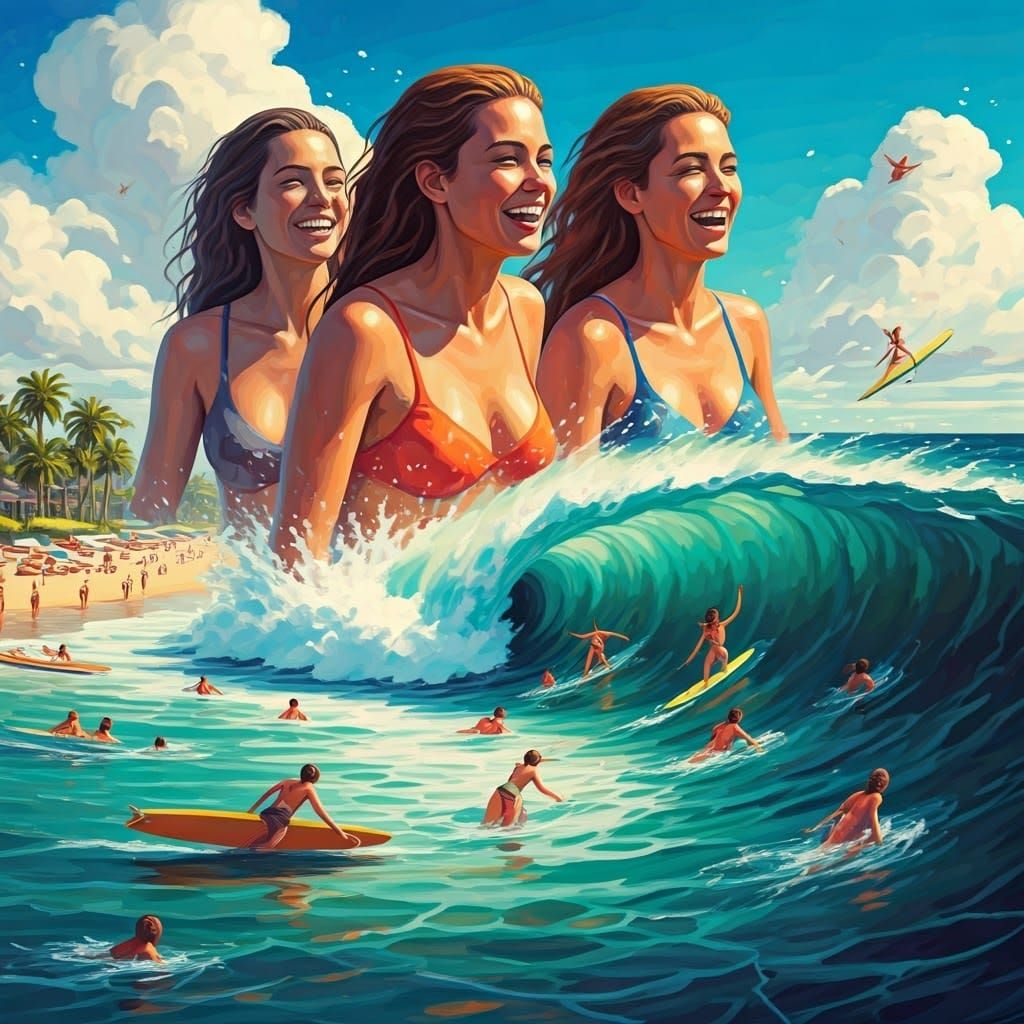 Colossal Women Play in Tropical Waves: Naive Impasto Style