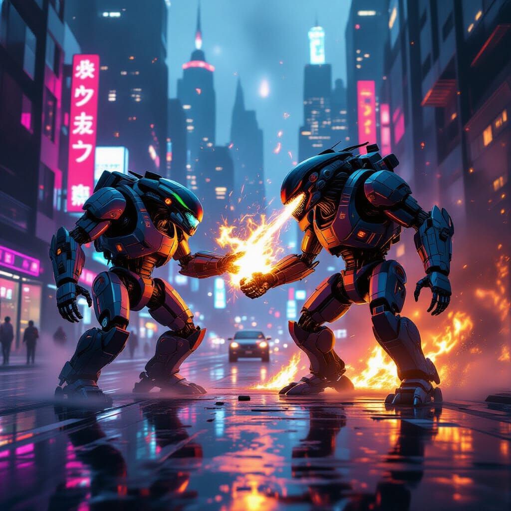 Robot Monster vs Fire Monster in Cyberpunk City