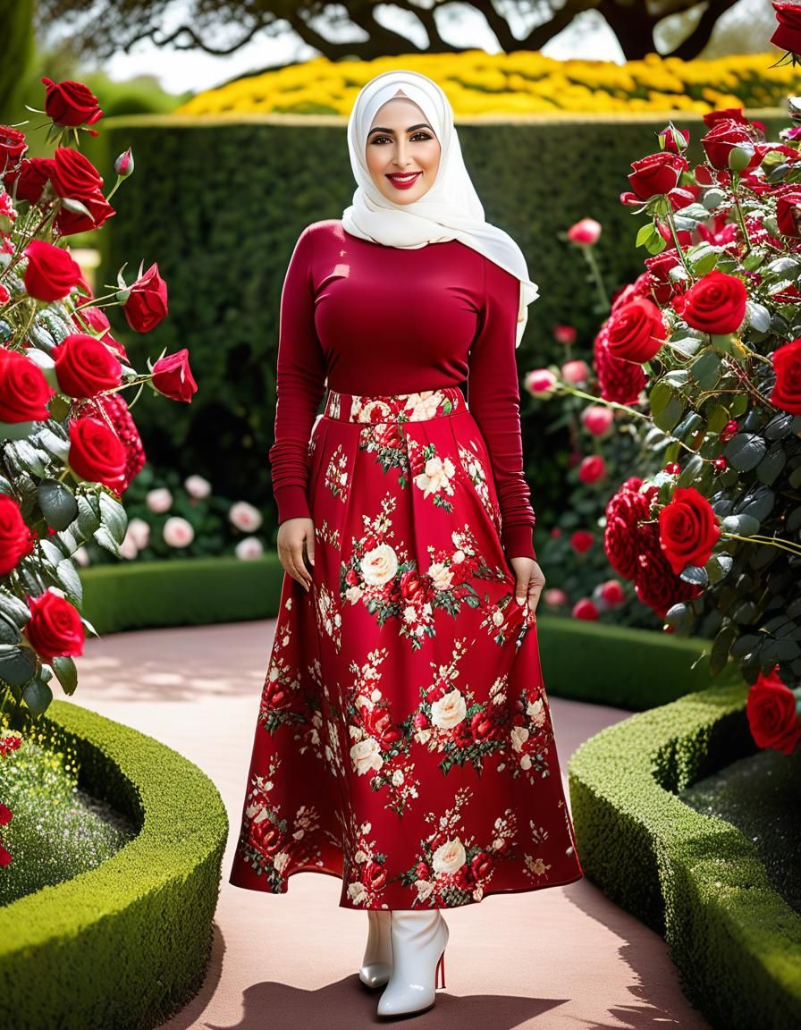 Middle Eastern Woman in Red Hijab in Rose Garden