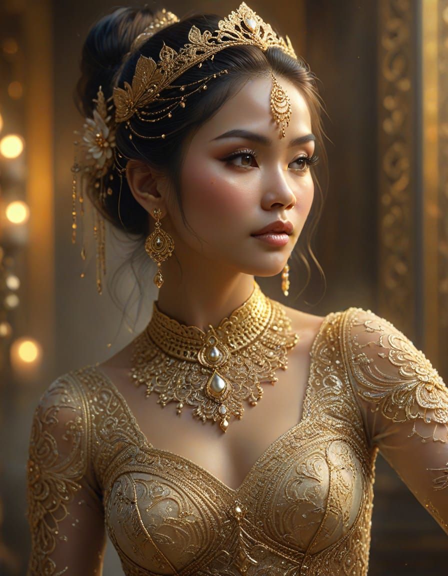 Indonesian Dancer in Golden Light, Thomas Kinkade Style