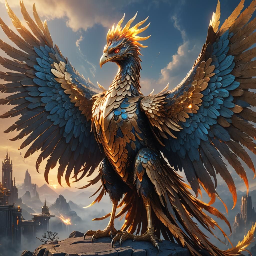 Giant Metal Phoenix in Fantasy Art Nouveau Style