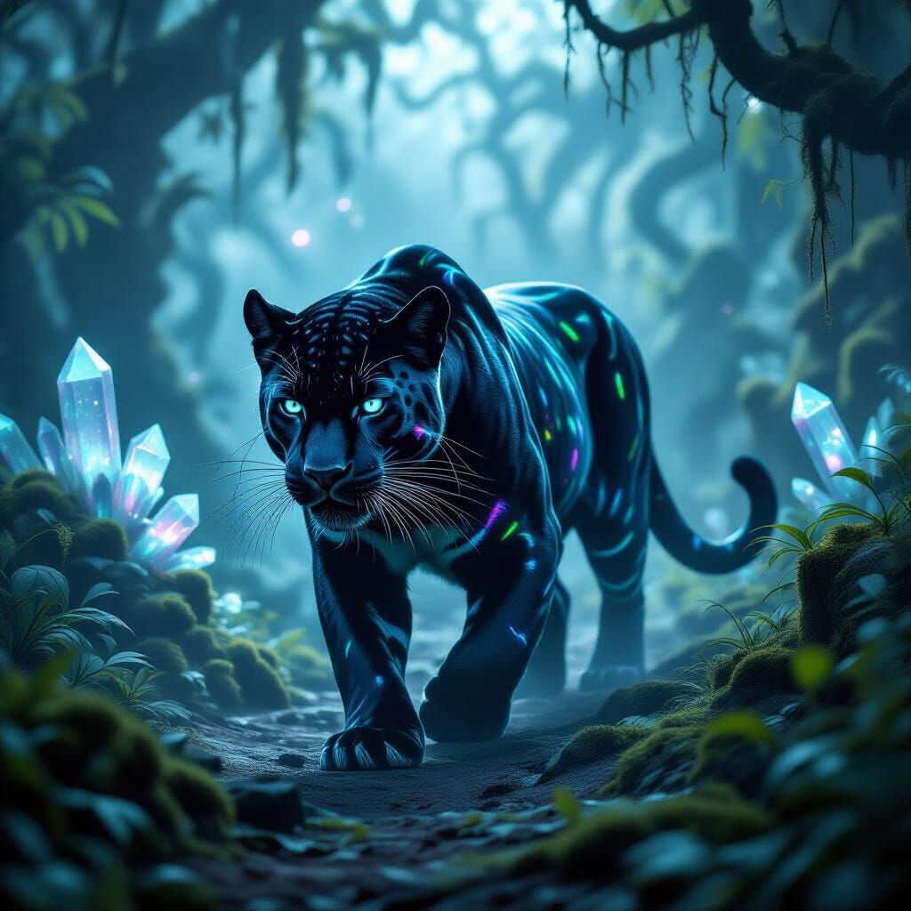 Black Panther in Nebula Jungle with Crystal Flora