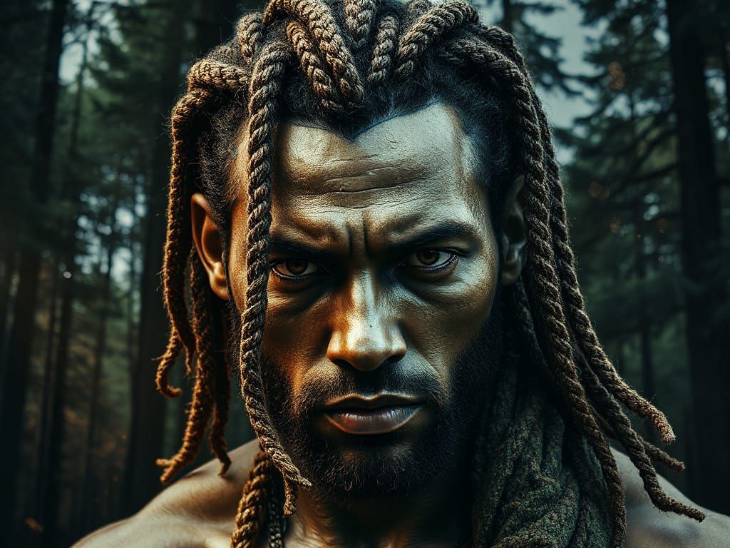 Double Exposure Art: Bearlike Man and Dark Forest