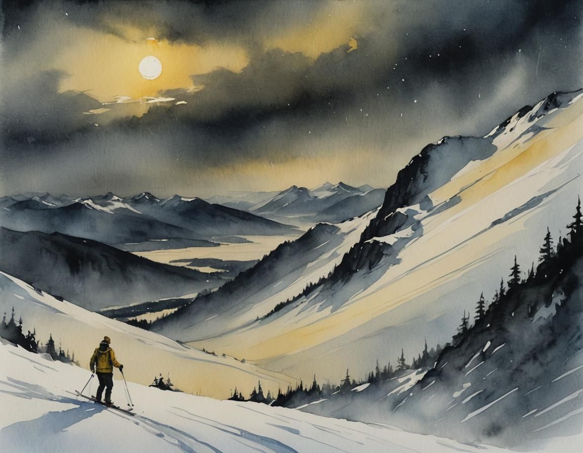 Winter Landscape Watercolour of Skier in Norway
