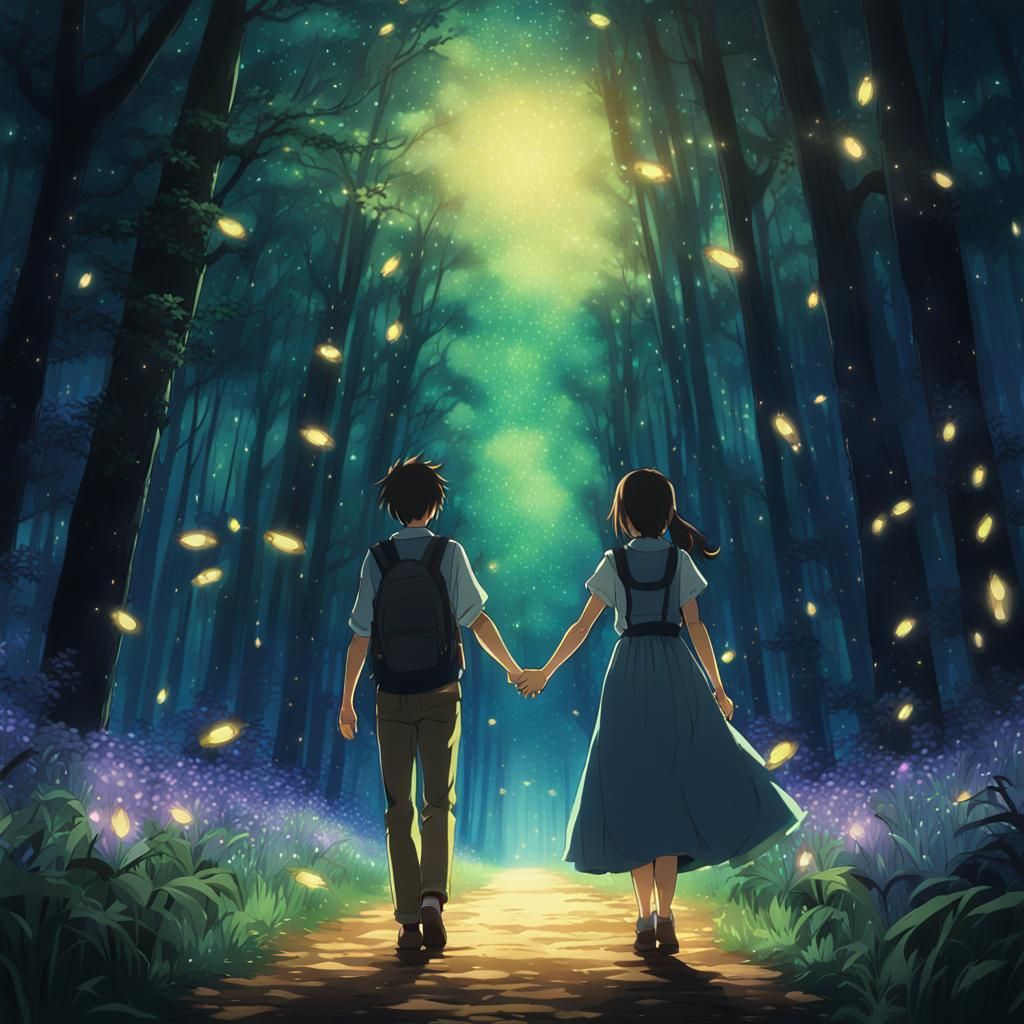 Anime couple walking through a beautiful forest filled with fireflies.
