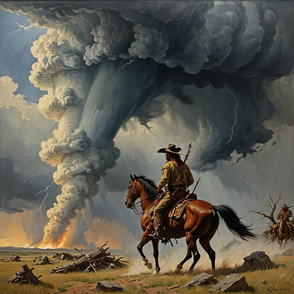 Sioux Brave and Tornado, Western Art Style