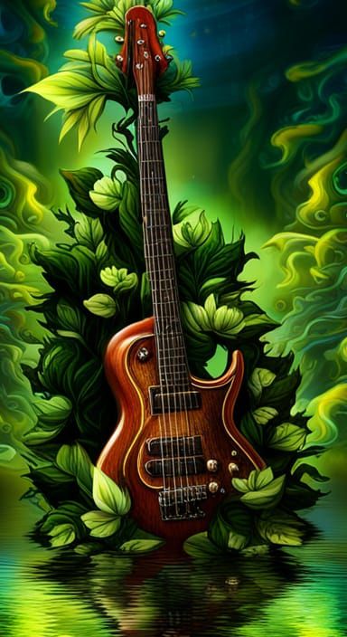 Guitar on Water with Green Leaves, Digital Art