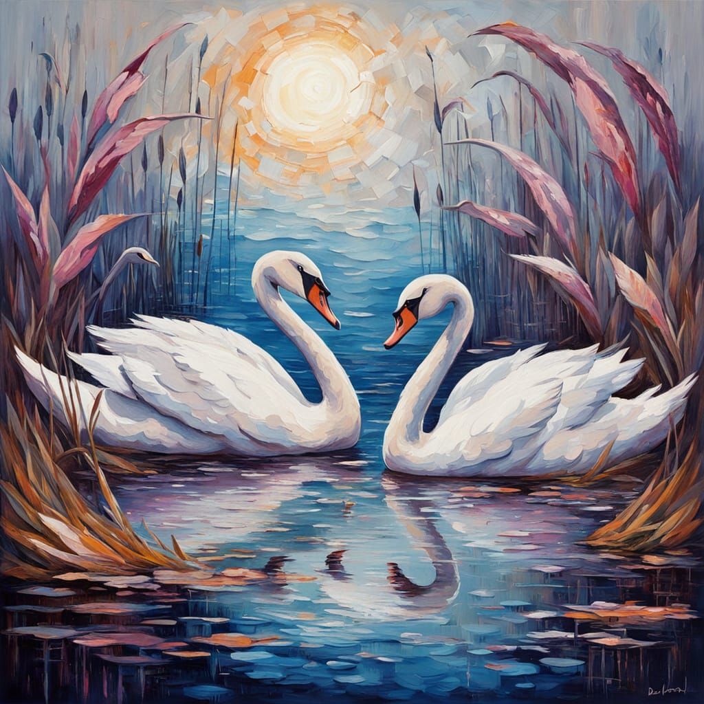 Swan Lake: Surreal Oil Painting in Neo-Impressionist Style