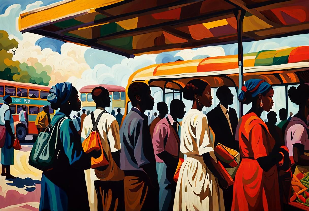 African Bus Shelter: Post-Impressionist Oil Painting