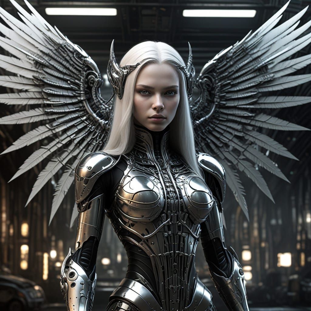 Cybernetic Goddess in Shimmering Chrome Armor, with Wings an...