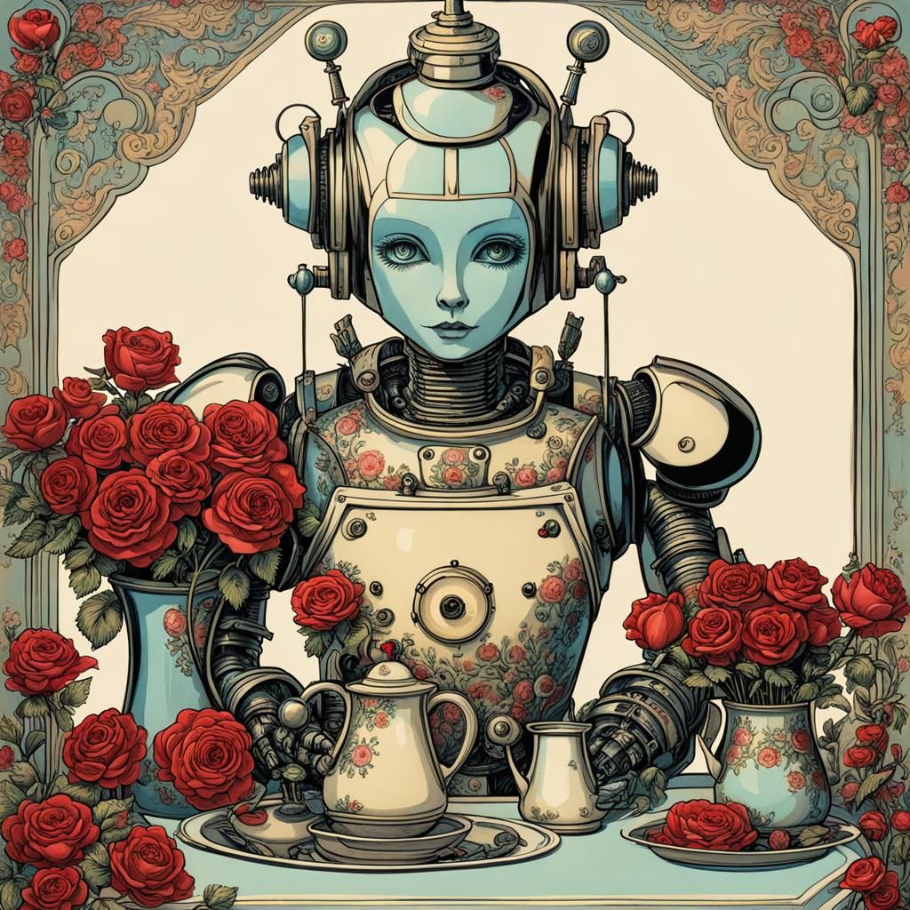 Robot Servant Delivers Flowers in Rackham Style