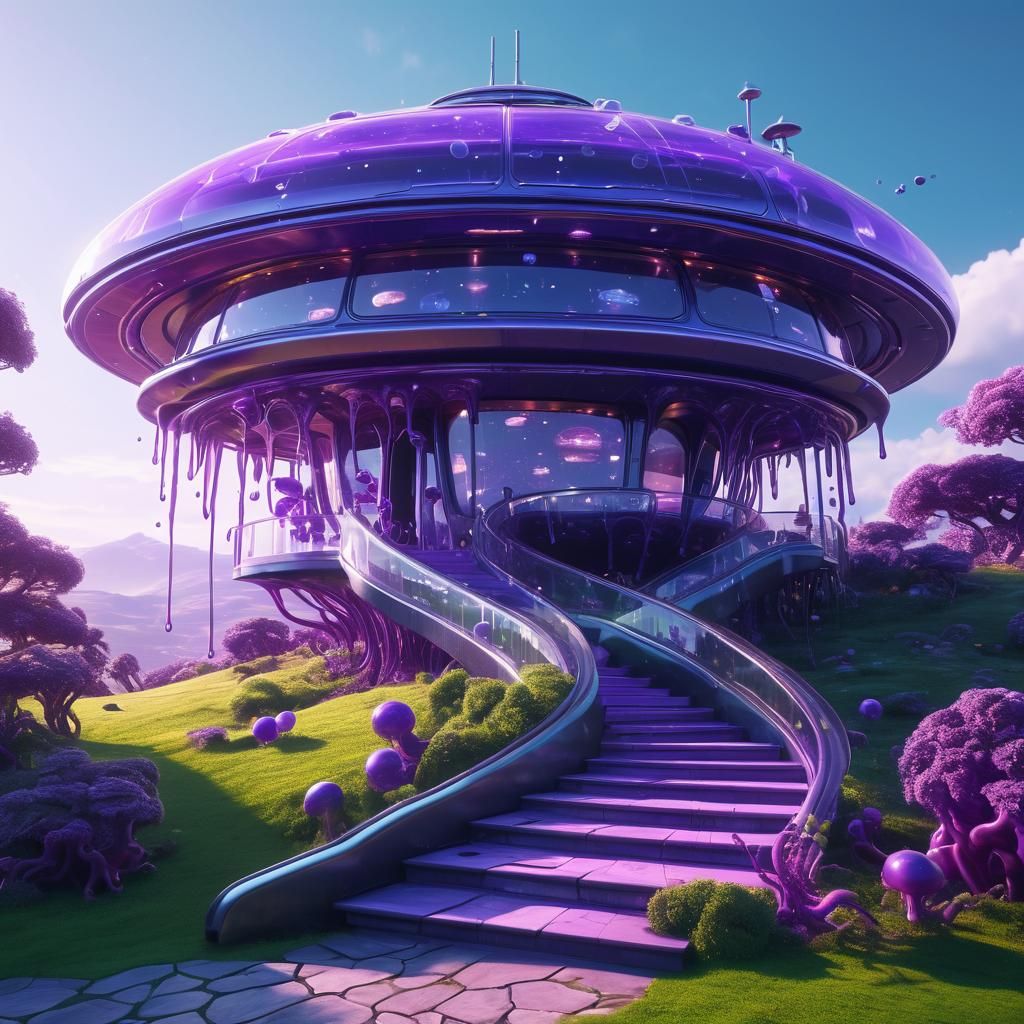 Levitating Spaceship House with Purple Slime