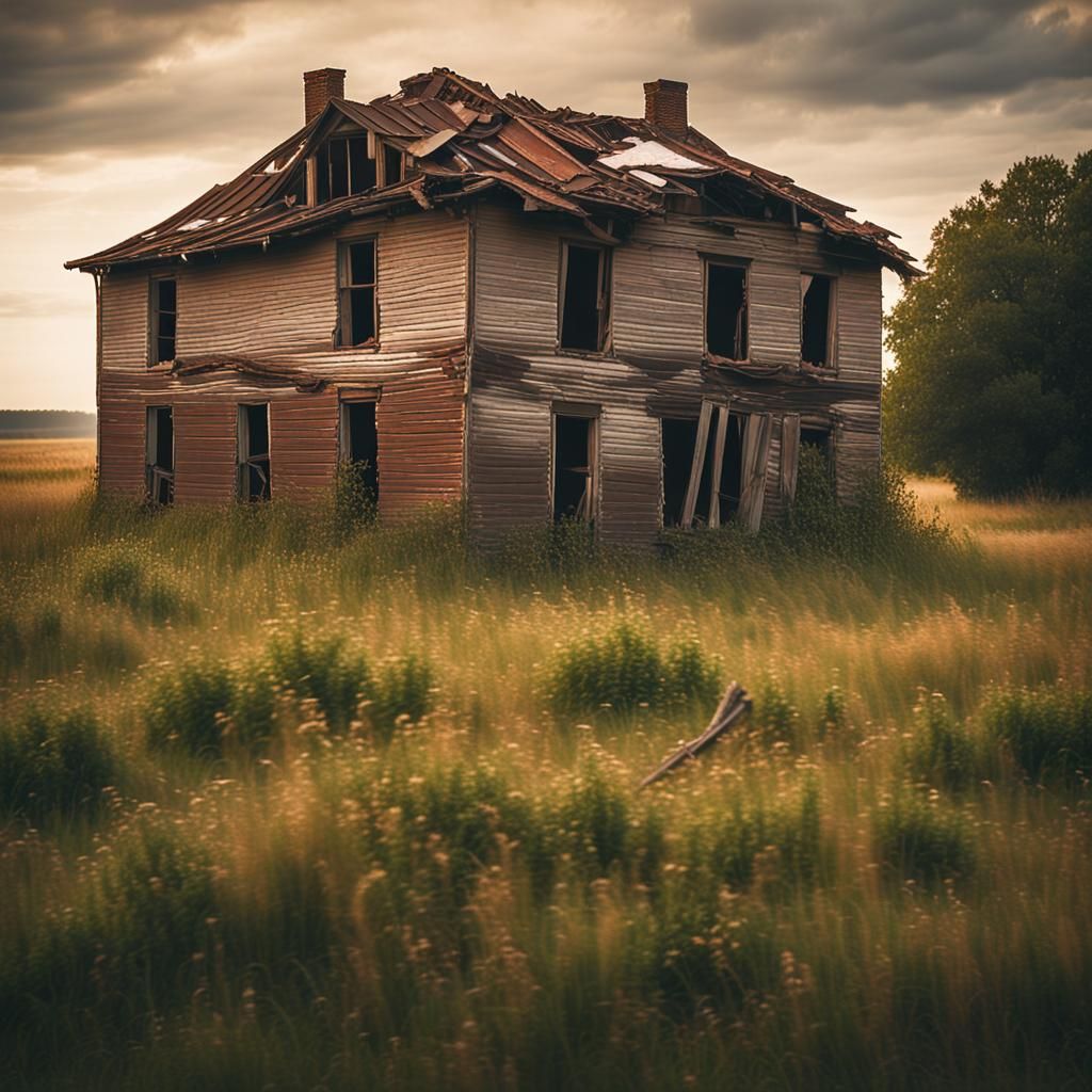 Eerie Abandoned Farmhouse in Overgrown Rural Landscape