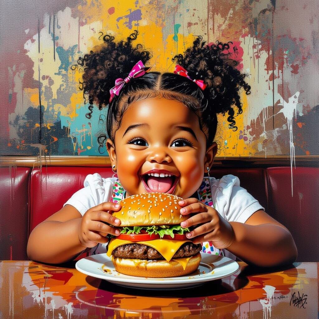 Black Girl Enjoys Cheeseburger at Restaurant