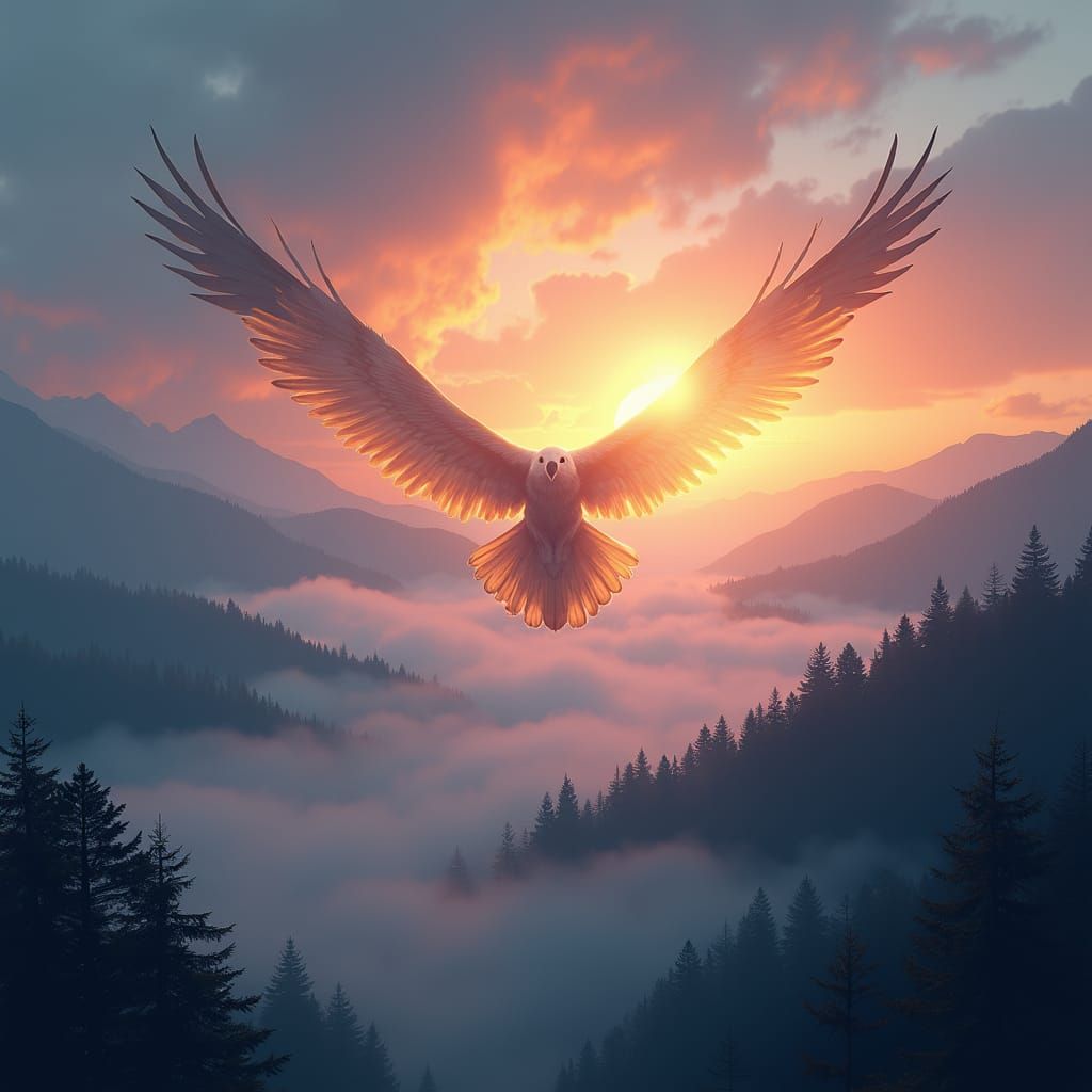 Birds in V Formation Soaring in Misty Sky