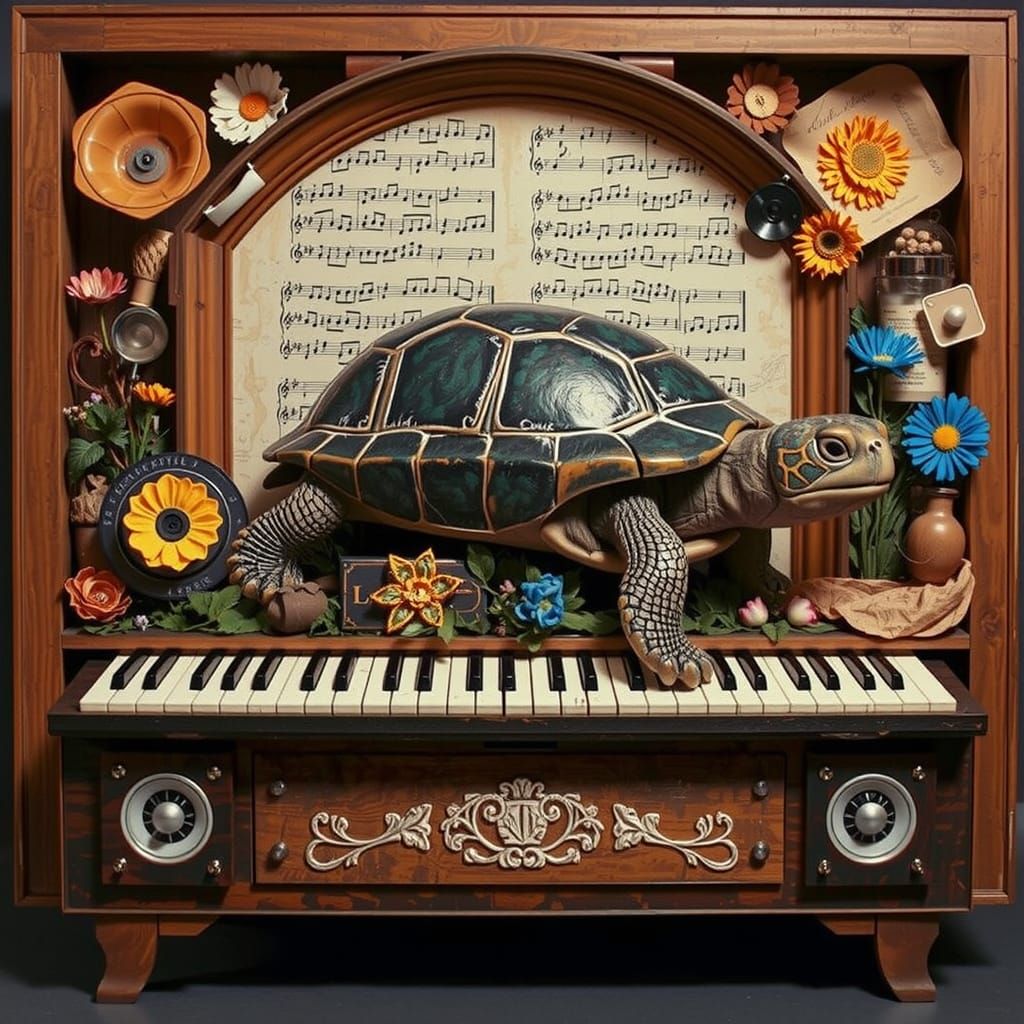 Musical Wood Turtle Sculpture with Collage Elements
