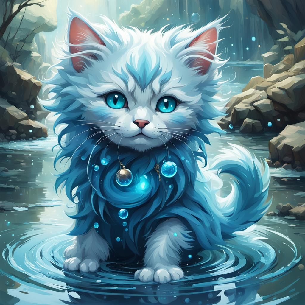 Süßes, blaues, flauschiges Fantasie-Wasserkätzchen mit fluss...