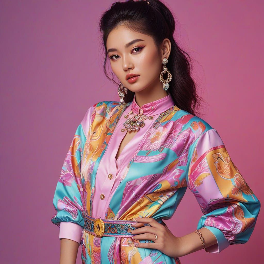 80s Oriental Pop Art Girl in Neon Lights