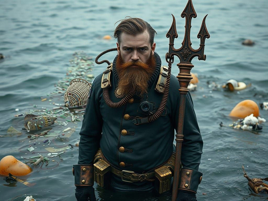 Retrofuturistic Man Confronts Ocean Pollution