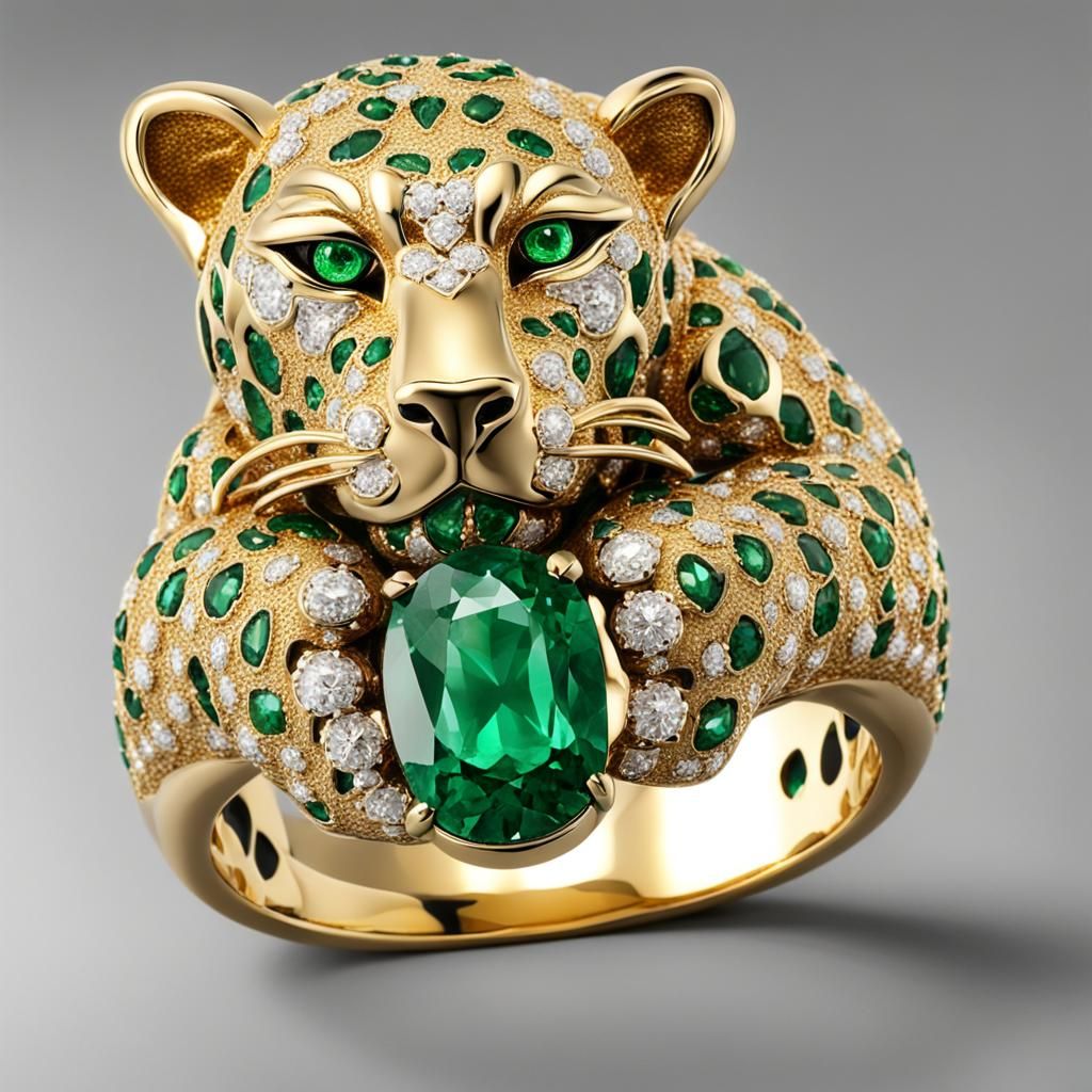 Leopard Ring with Gold, Diamonds and Emeralds