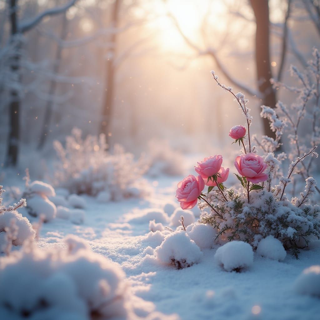 Ethereal Winter Garden with Pink Roses