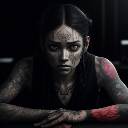 Sweaty Woman with Tattoos in Moody Oil Painting