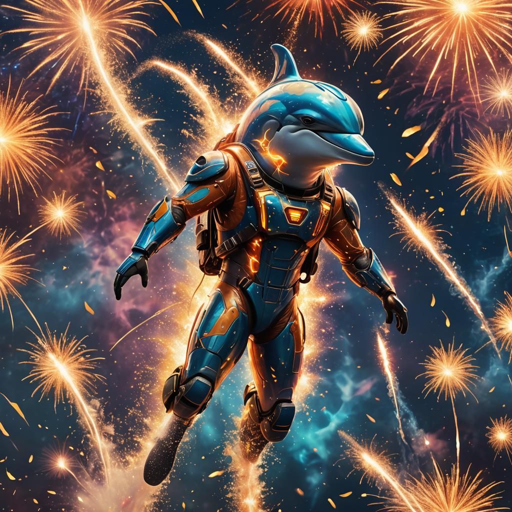 Dolphin wearing a jetpack through some fireworks
