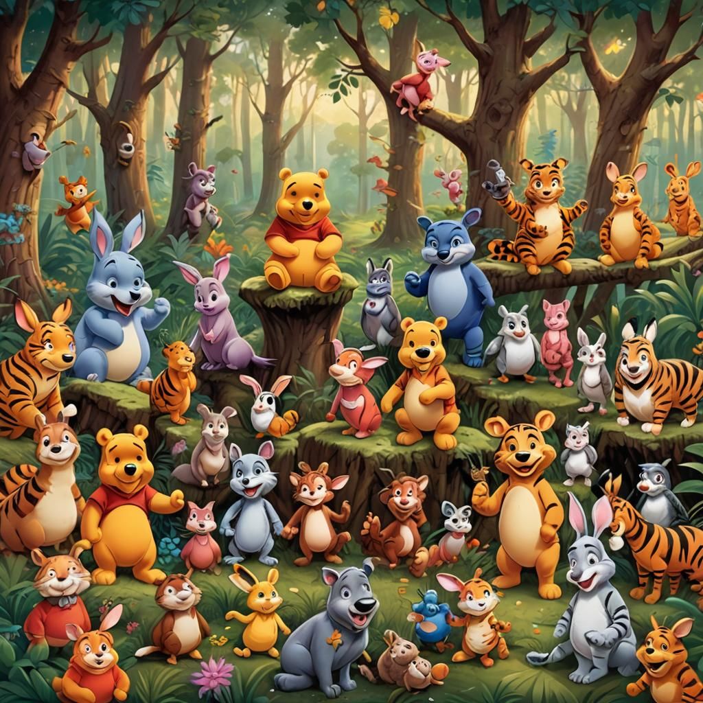 Charming Cartoon Characters in Vibrant Forest Setting