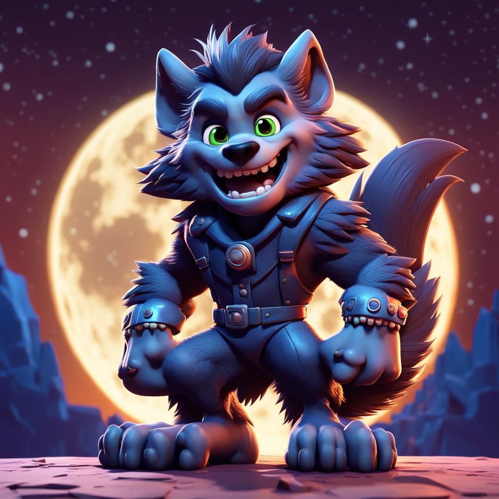 Friendly Chibi Werewolf Smiling Under Full Moon