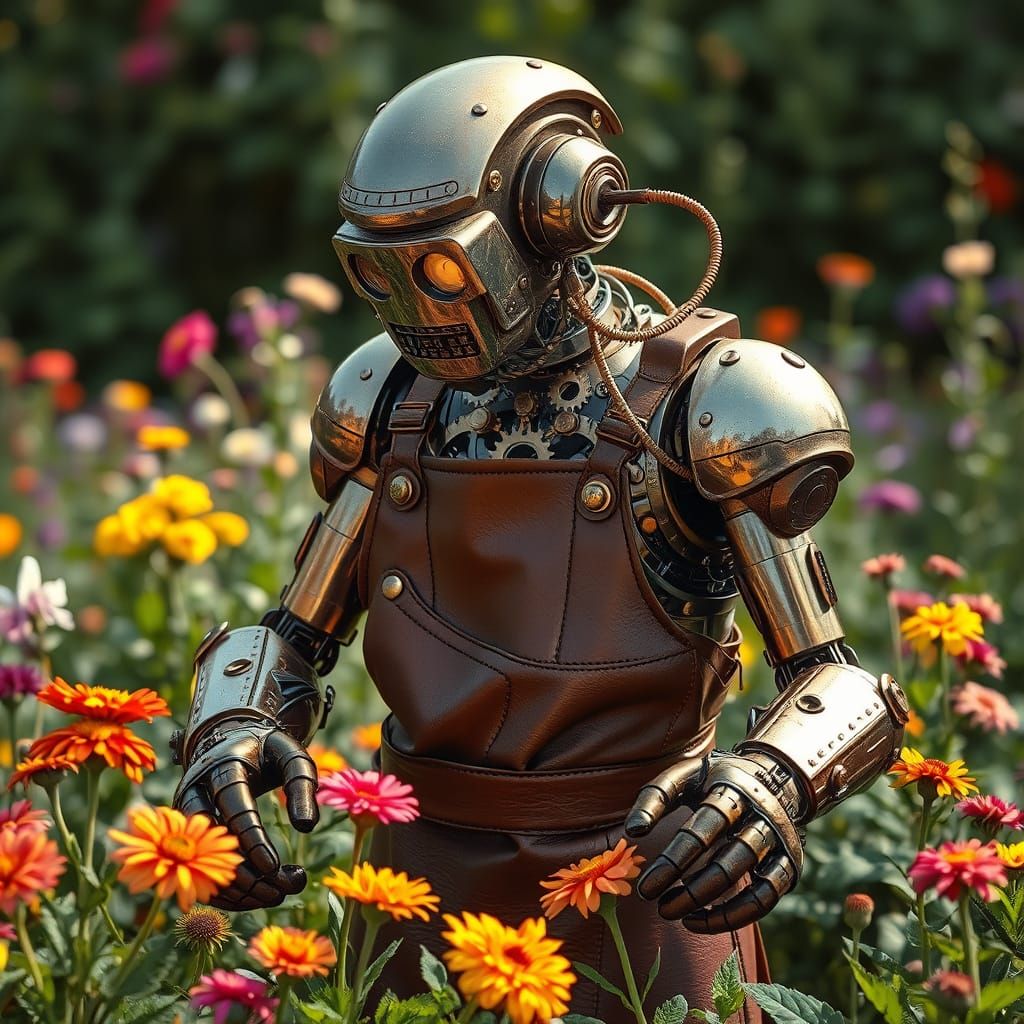 Steampunk Robot Tends Lush Garden in Hyperrealistic Style