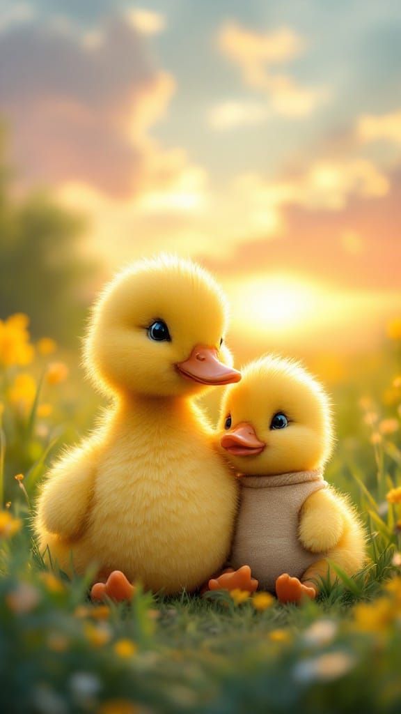 Duck and Baby at Sunset: Children's Book Illustration