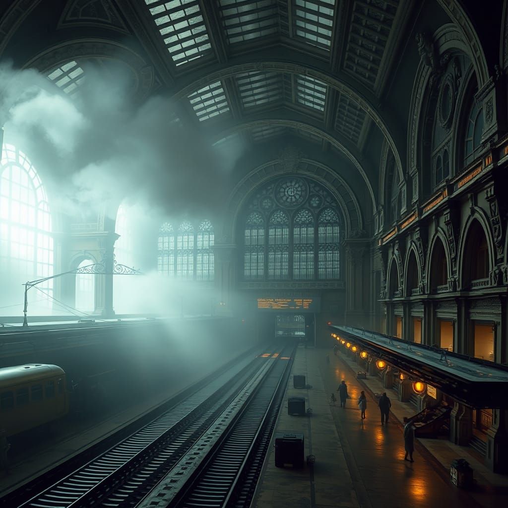 Mystical Train Station in the Fog