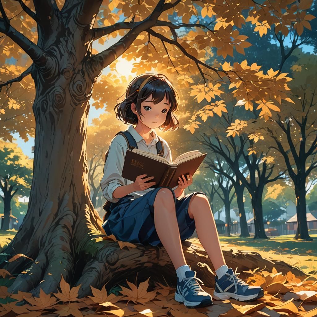 Girl Reading Under Tree in Manga Style