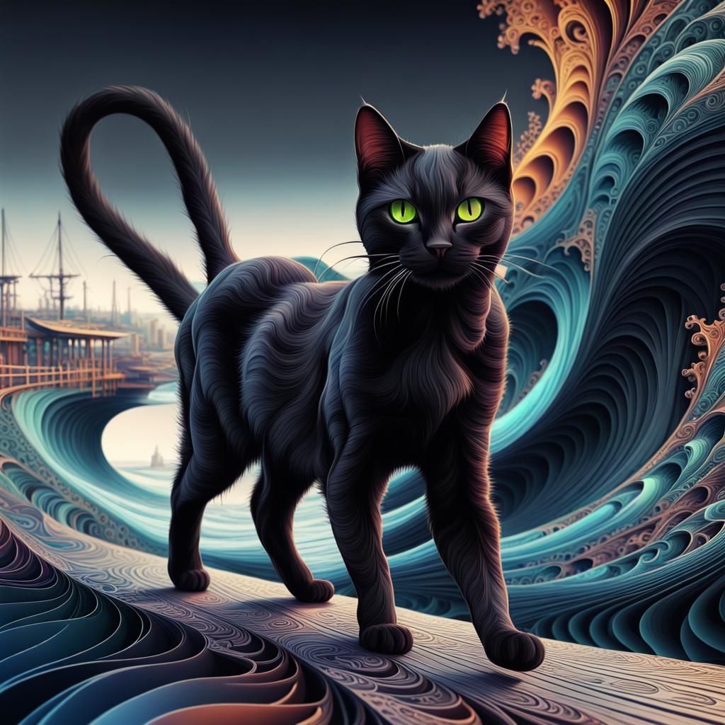 Black Cat Walking on Port in Abstract Style