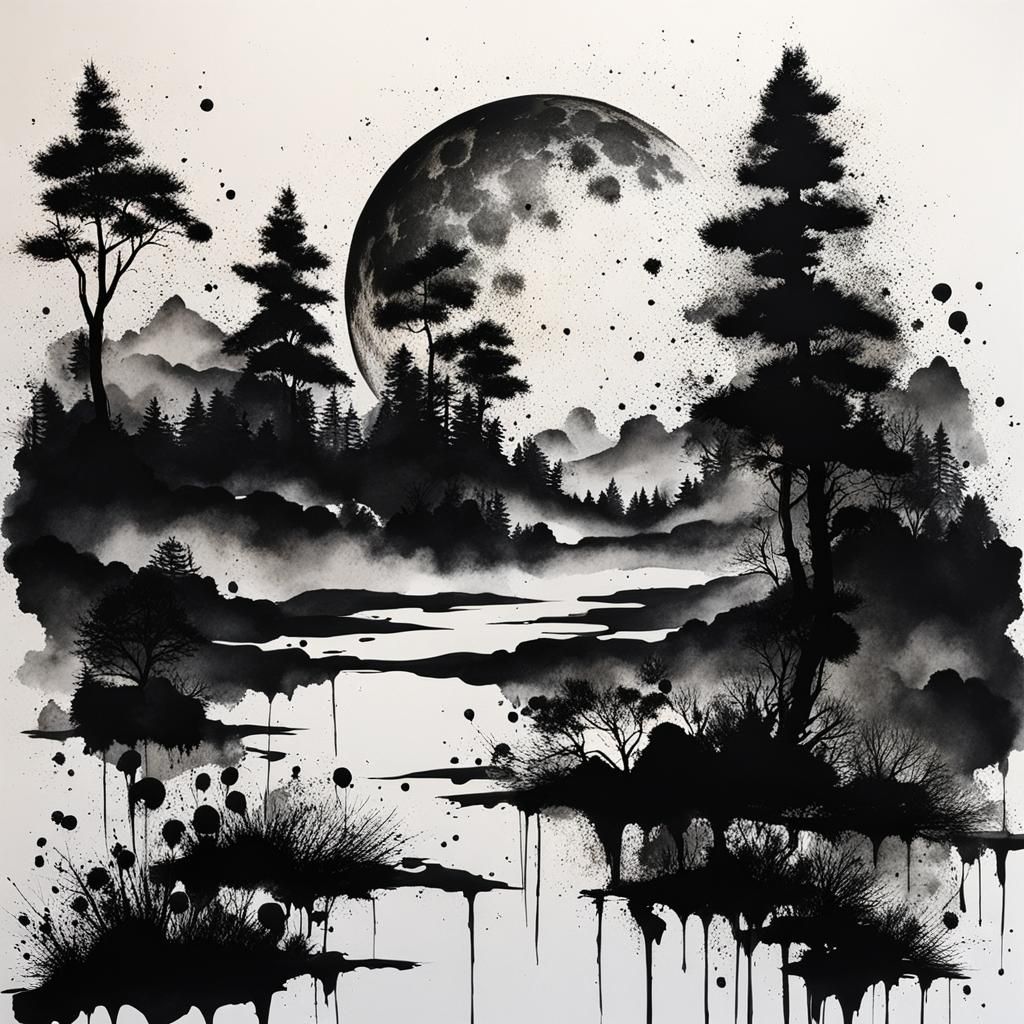 Ink Splatter Moonscape: Perfect Composition