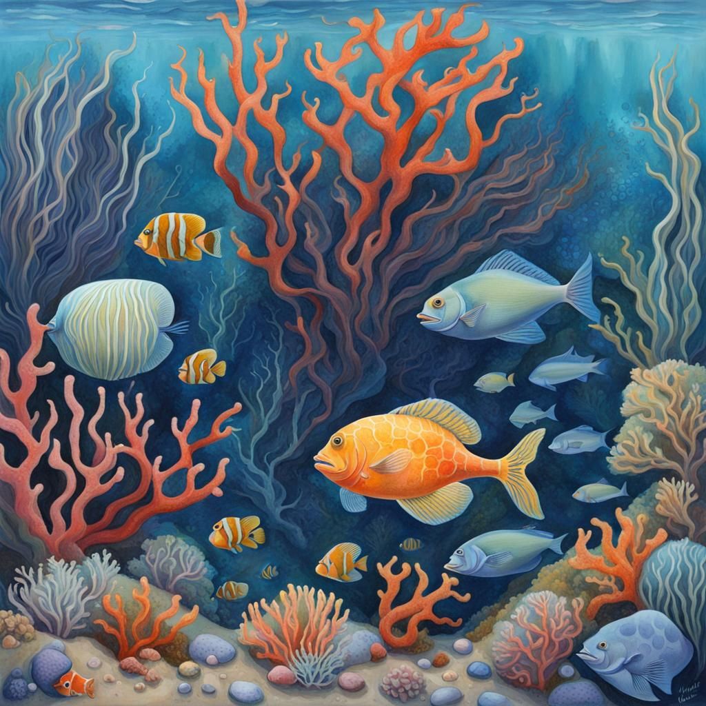 Detailed Gouache Painting of Ocean Floor