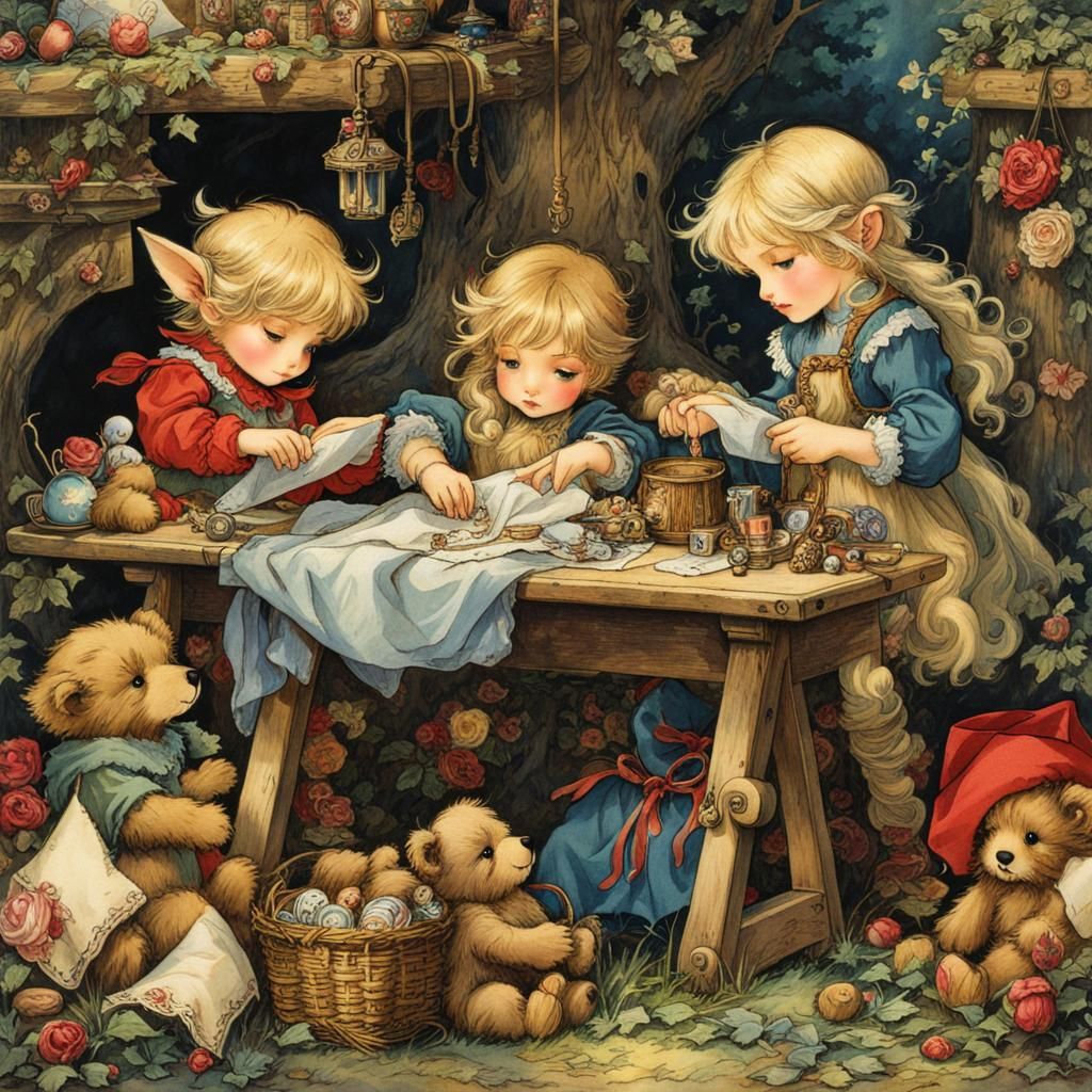 Fairytale Elves Sewing Teddy Bears, Rackham Style