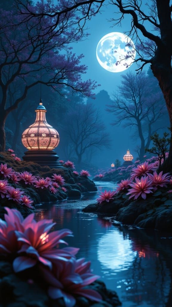 Glowing Metallic Flora in Abstract Moonlight Forest