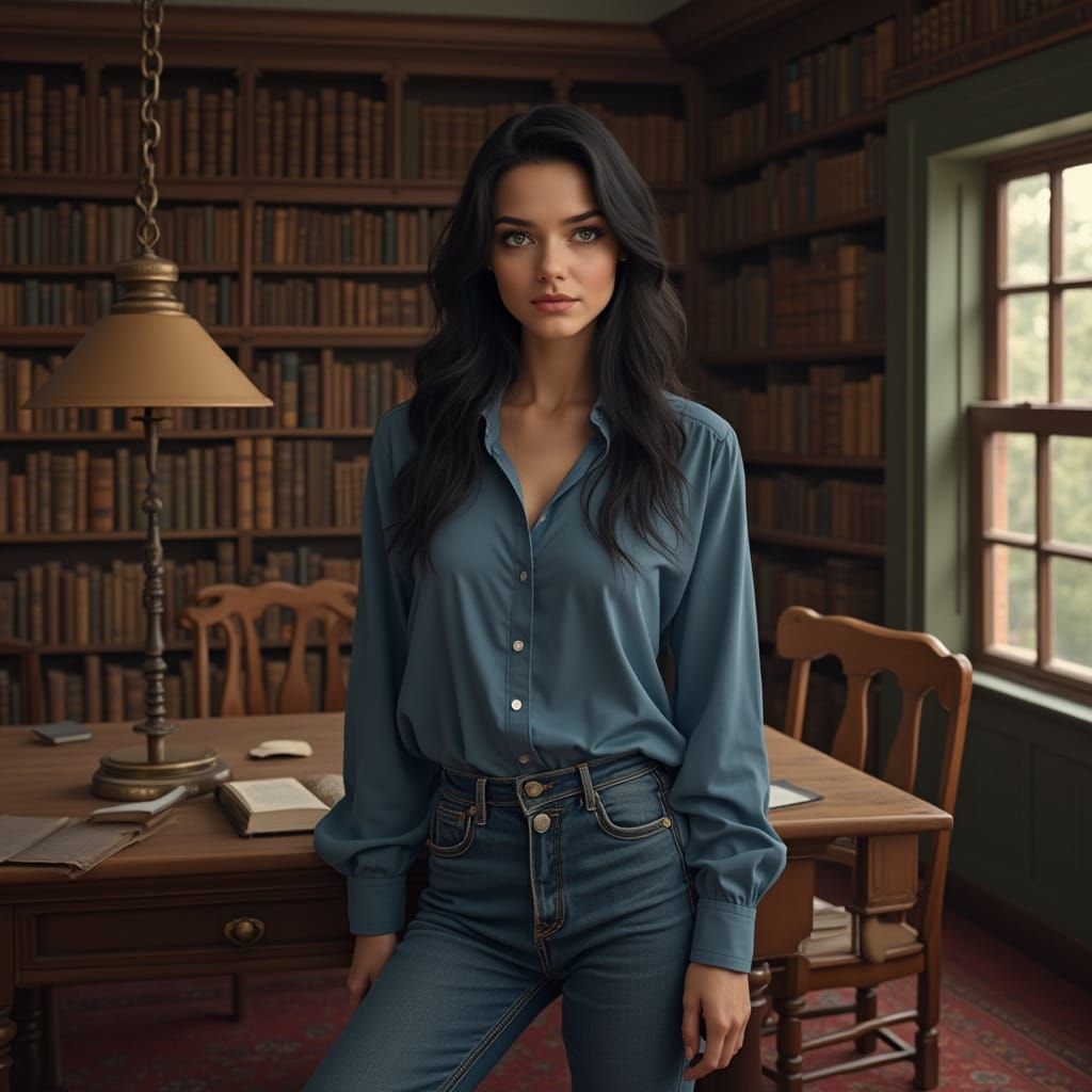 Vintage Library Scene with Enchanting Lady