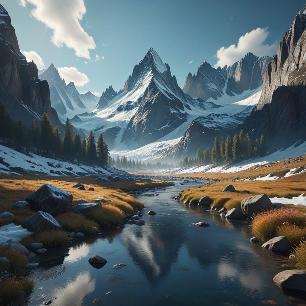 Majestic River Valley with Snow-Capped Peaks