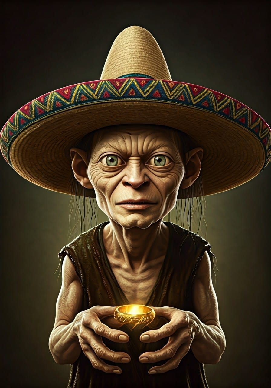 Gollum in a Vibrant Sombrero Holding the One Ring