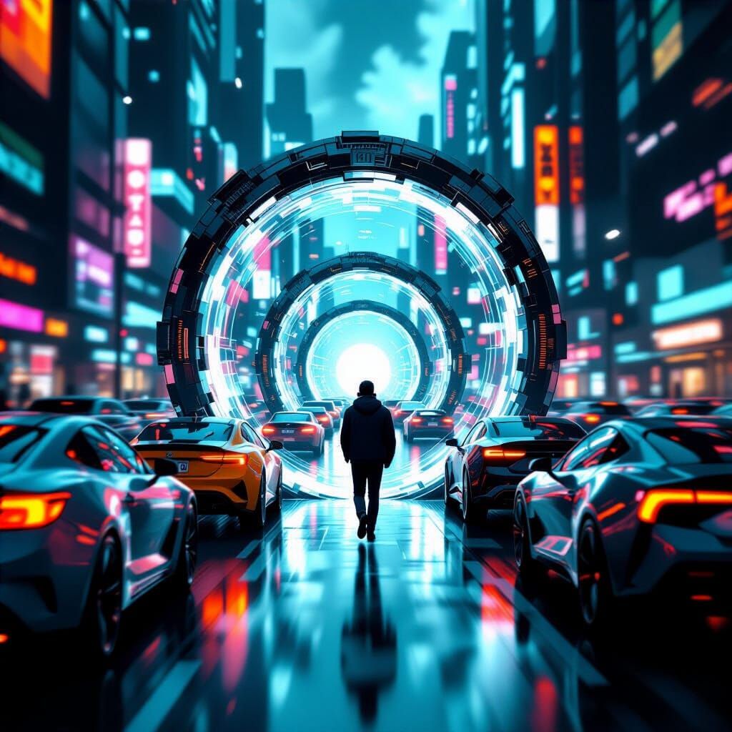 Cyberpunk Portal Crossing in Futuristic Cityscape