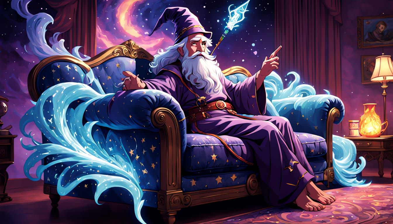 Anthropomorphic Couch Wielding Magic Wand, Ghibli-esque